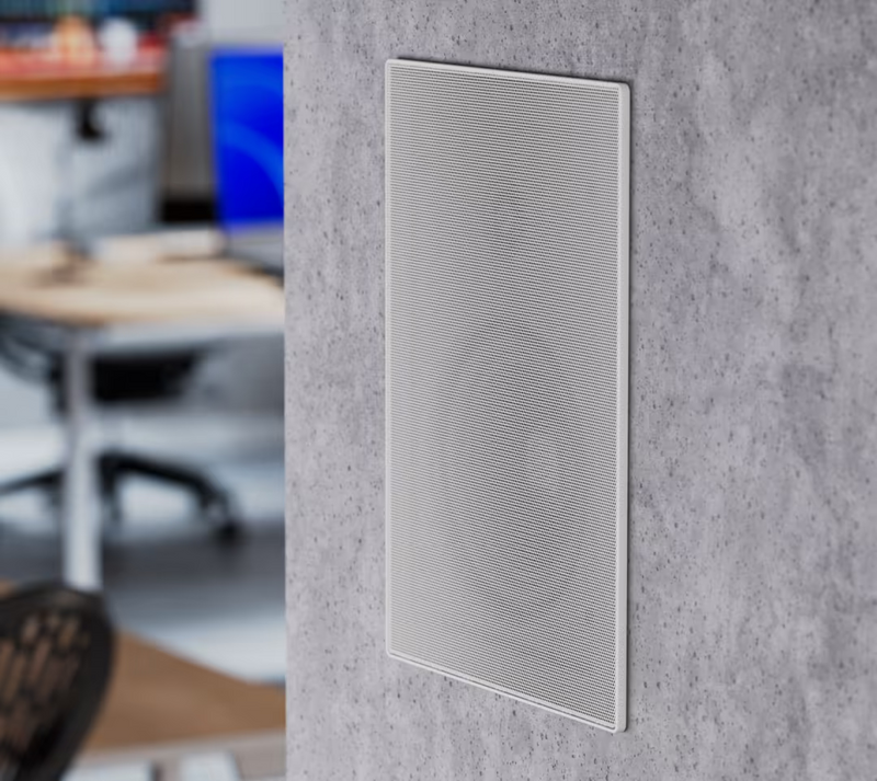 Ubiquiti UACC-In-Wall-Speaker UniFi In-Wall Speaker installed flush in a concrete wall with discreet perforated grille