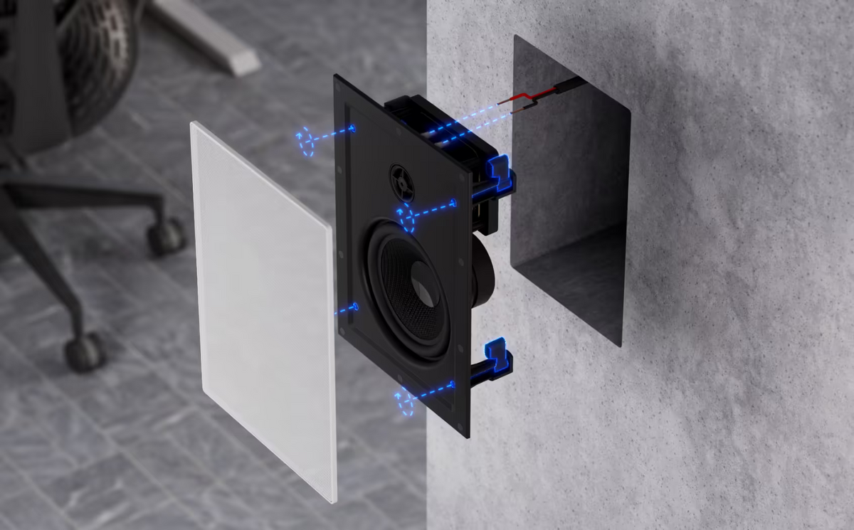 Ubiquiti UACC-In-Wall-Speaker UniFi In-Wall Speaker installation view showing removable grille, wall cutout, wiring and mounting clamps