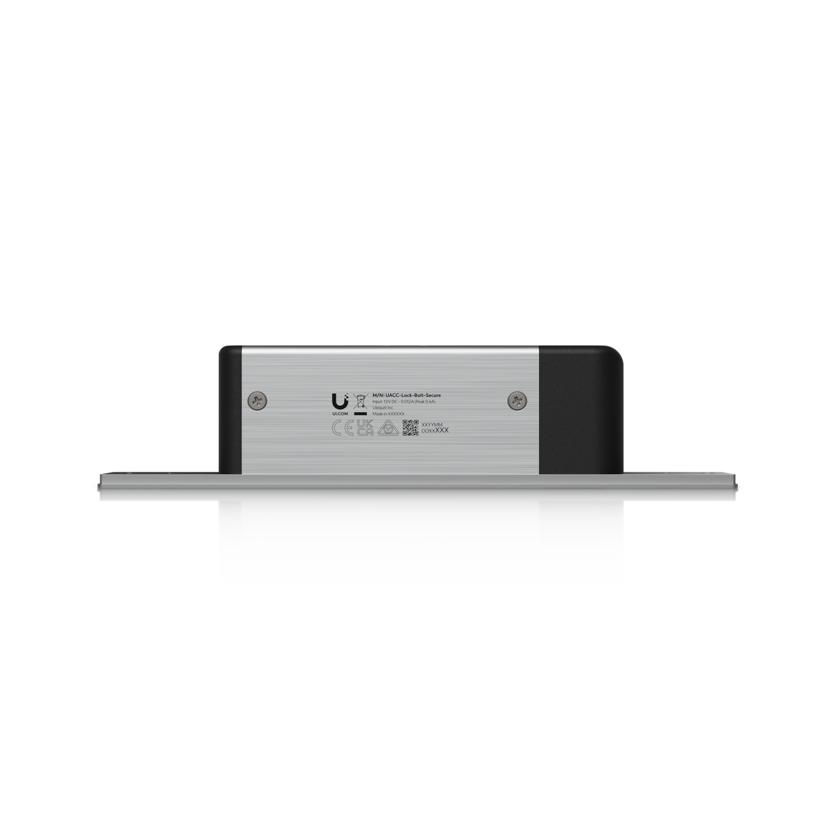 Ubiquiti UACC-Lock-Bolt-Secure UniFi Fail-Secure Bolt Lock side view showing product housing, identification label and mounting plate