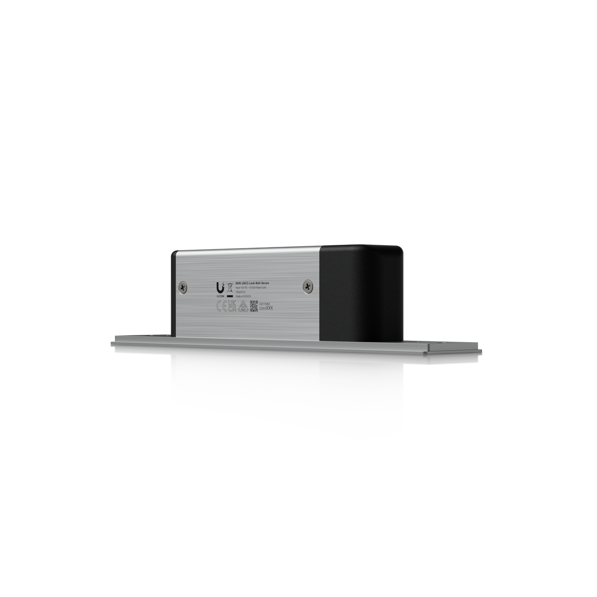 Ubiquiti UACC-Lock-Bolt-Secure UniFi Fail-Secure Bolt Lock angled side view with enclosed housing, product label and faceplate