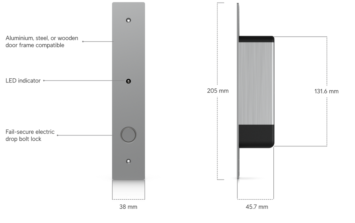 Ubiquiti UACC-Lock-Bolt-Secure UniFi Fail-Secure Bolt Lock dimensions showing 205mm height, 38mm width and 45.7mm depth