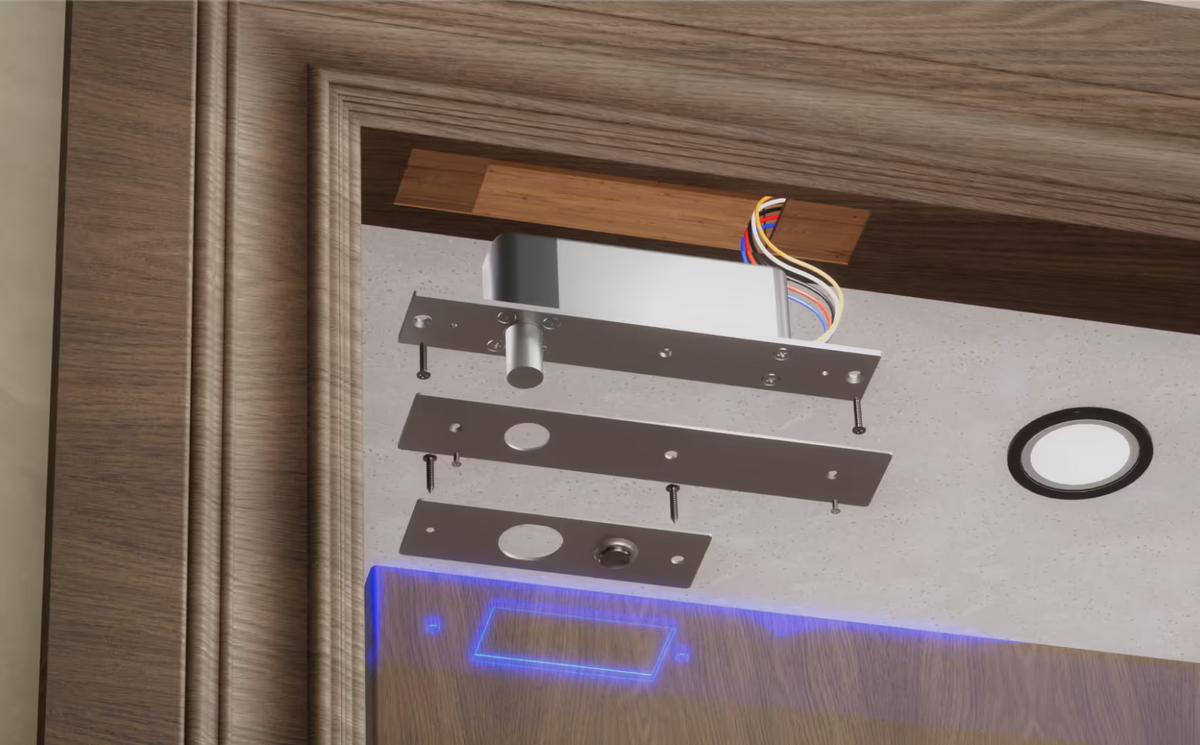 Ubiquiti UACC-Lock-Bolt-Secure UniFi Fail-Secure Bolt Lock exploded installation in a wooden door frame showing wiring, plates and fasteners