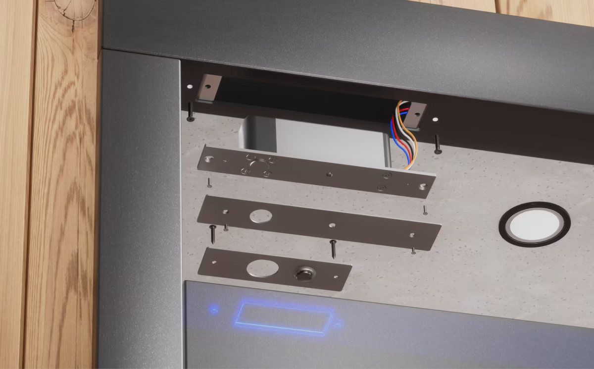 Ubiquiti UACC-Lock-Bolt-Secure UniFi Fail-Secure Bolt Lock exploded installation in a metal door frame with mounting plates and wiring
