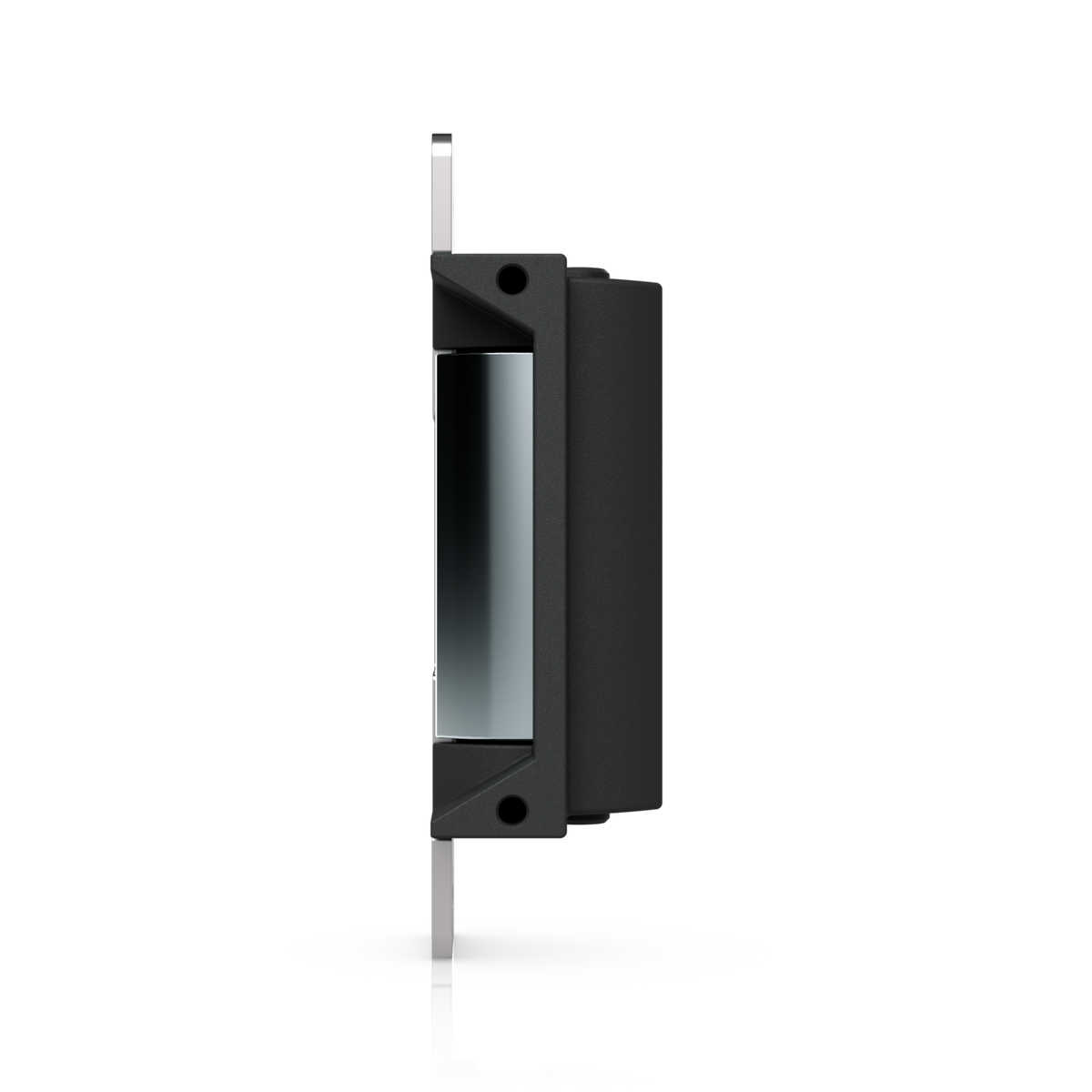 Ubiquiti UACC-Lock-Strike-Safe-15mm UniFi Standard 15mm Fail-Safe Strike Lock, upright side view with short faceplate on the left and exposed keeper