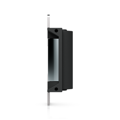 Ubiquiti UACC-Lock-Strike-Safe-15mm UniFi Standard 15mm Fail-Safe Strike Lock, upright side view with short faceplate on the left and exposed keeper