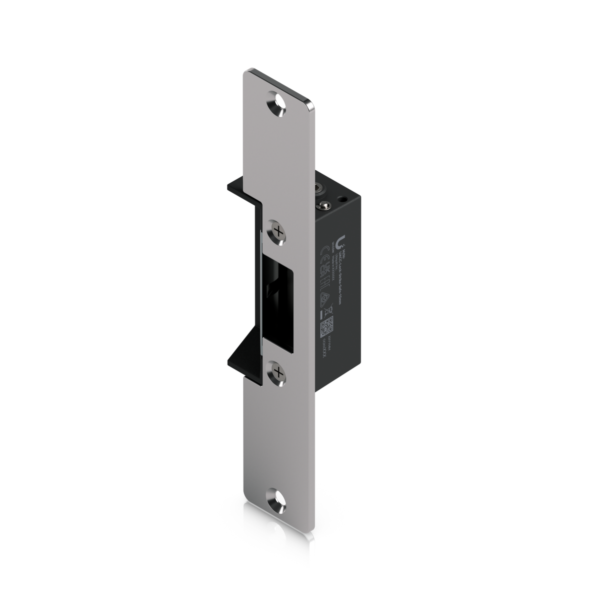 Ubiquiti UACC-Lock-Strike-Safe-15mm UniFi Standard 15mm Fail-Safe Strike Lock, angled front view with long faceplate and recessed latch opening