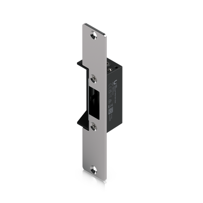 Ubiquiti UACC-Lock-Strike-Safe-15mm UniFi Standard 15mm Fail-Safe Strike Lock, angled front view with long faceplate and recessed latch opening