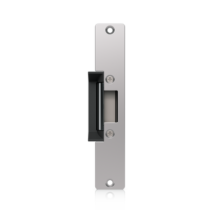 Ubiquiti UACC-Lock-Strike-Safe-15mm UniFi Standard 15mm Fail-Safe Strike Lock, front view showing long faceplate, latch keeper and mounting holes