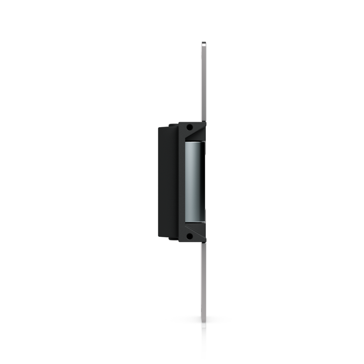 Ubiquiti UACC-Lock-Strike-Safe-15mm UniFi Standard 15mm Fail-Safe Strike Lock, side profile with long faceplate on the right and central lock housing