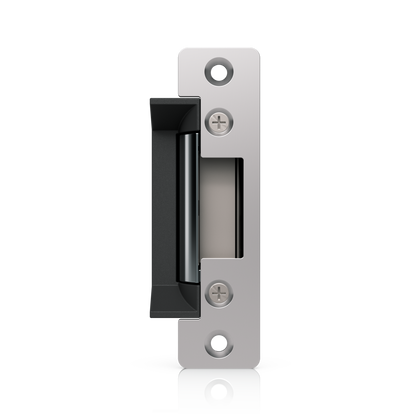 Ubiquiti UACC-Lock-Strike-Safe-15mm UniFi Standard 15mm Fail-Safe Strike Lock, front view showing latch keeper and countersunk mounting holes