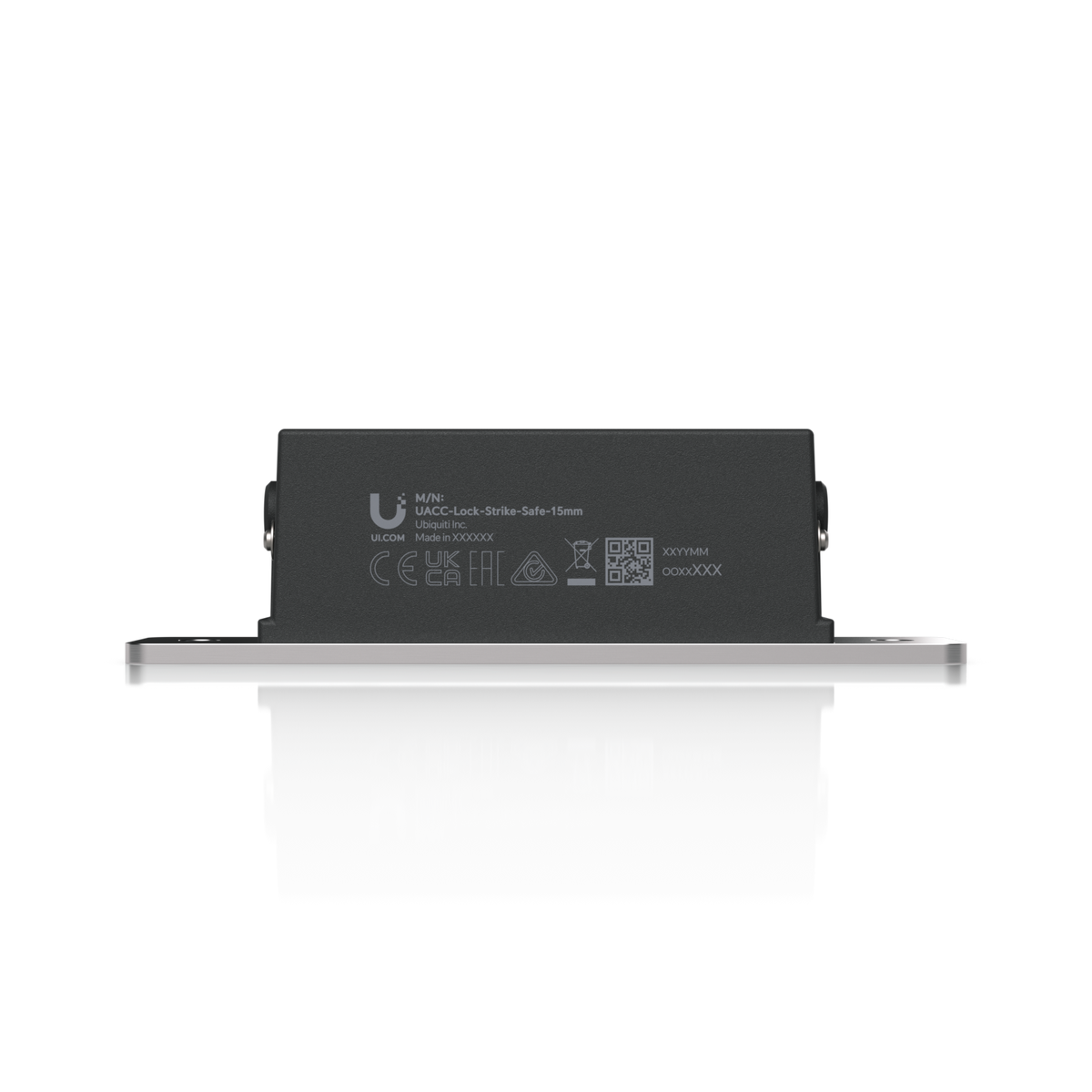 Ubiquiti UACC-Lock-Strike-Safe-15mm UniFi Standard 15mm Fail-Safe Strike Lock, horizontal side view showing housing markings and short faceplate