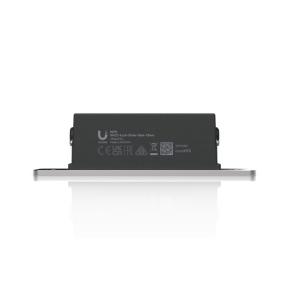 Ubiquiti UACC-Lock-Strike-Safe-15mm UniFi Standard 15mm Fail-Safe Strike Lock, horizontal side view showing housing markings and short faceplate