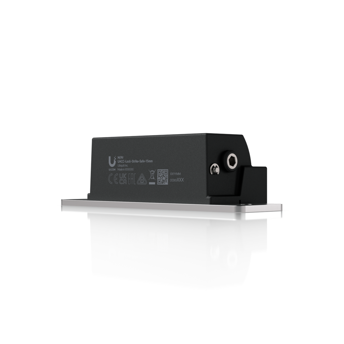 Ubiquiti UACC-Lock-Strike-Safe-15mm UniFi Standard 15mm Fail-Safe Strike Lock, angled side view showing labelled housing and end fastener