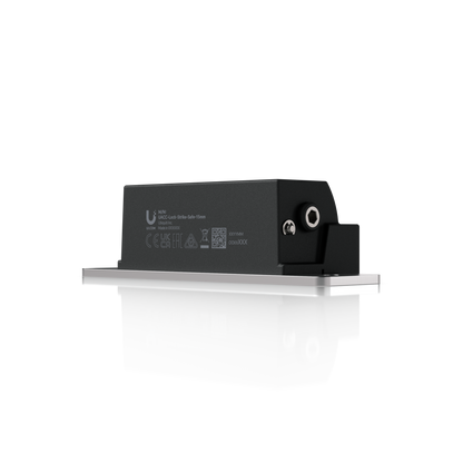 Ubiquiti UACC-Lock-Strike-Safe-15mm UniFi Standard 15mm Fail-Safe Strike Lock, angled side view showing labelled housing and end fastener