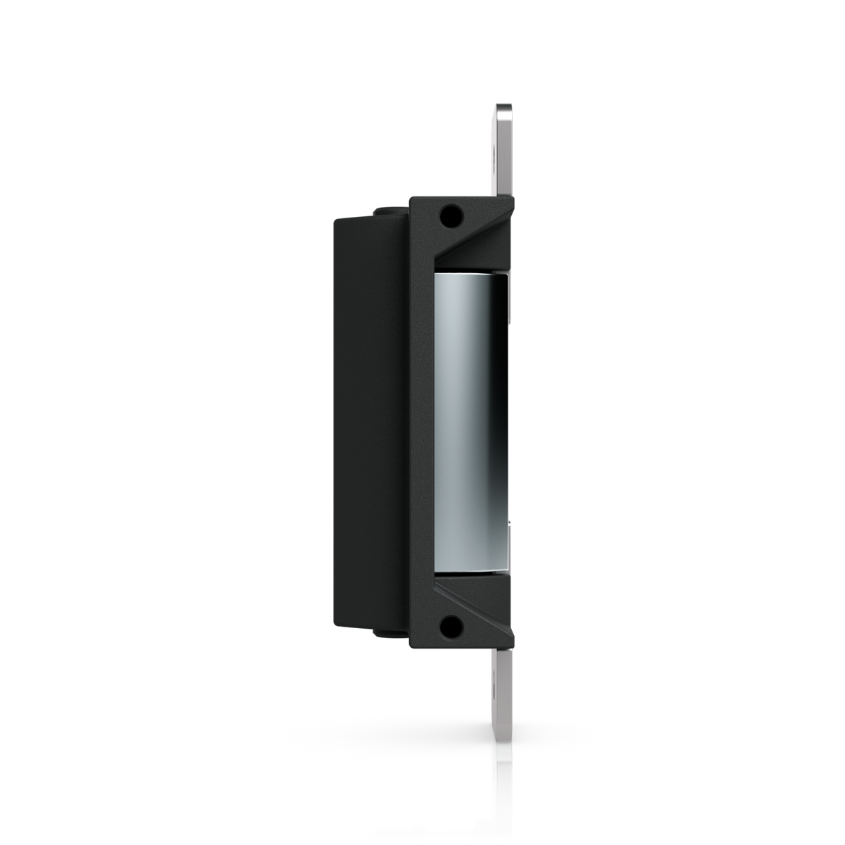 Ubiquiti UACC-Lock-Strike-Safe-15mm UniFi Standard 15mm Fail-Safe Strike Lock, upright side view with short faceplate on the right and exposed keeper