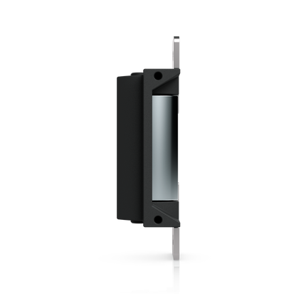 Ubiquiti UACC-Lock-Strike-Safe-15mm UniFi Standard 15mm Fail-Safe Strike Lock, upright side view with short faceplate on the right and exposed keeper