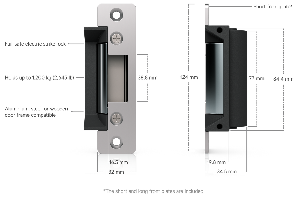 Ubiquiti UACC-Lock-Strike-Safe-15mm UniFi Standard 15mm Fail-Safe Strike Lock, dimensioned front and side views with a 124mm x 32mm short faceplate