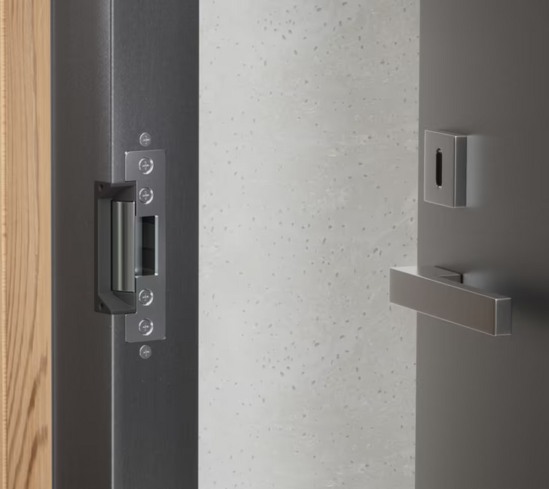 Ubiquiti UACC-Lock-Strike-Safe-15mm UniFi Standard 15mm Fail-Safe Strike Lock installed with a short faceplate in a metal door frame