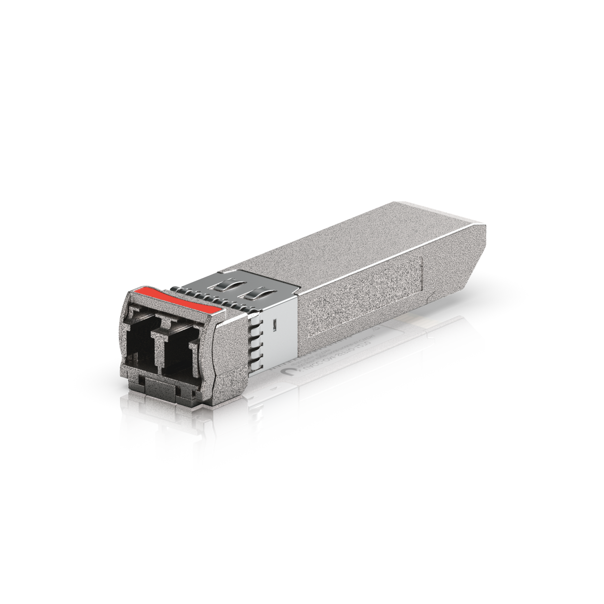 Ubiquiti UACC-OM-SFP10-1270 UniFi 10G CWDM single-mode SFP+ module angled toward the duplex LC port, showing the release latch and housing.