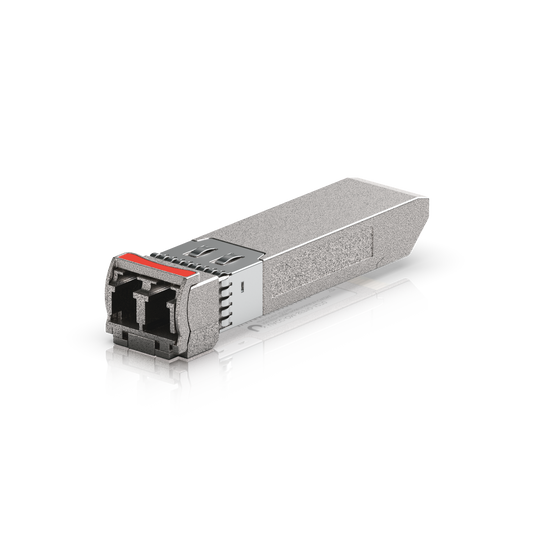 Ubiquiti UACC-OM-SFP10-1270 UniFi 10G CWDM single-mode SFP+ module angled toward the duplex LC port, showing the release latch and housing.