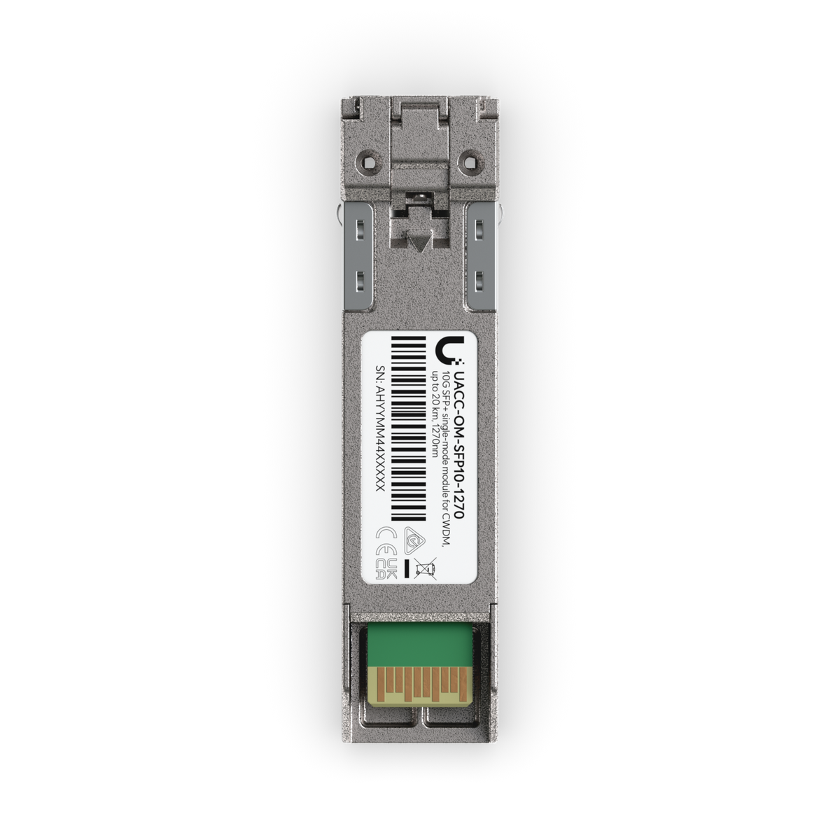 Top view of the Ubiquiti UACC-OM-SFP10-1270 UniFi 10G CWDM single-mode optical module with 1270nm label, connector end and SFP+ edge contacts.