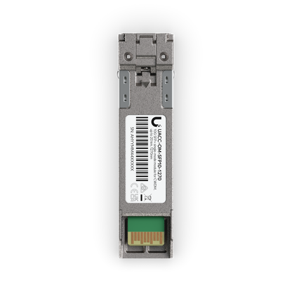 Top view of the Ubiquiti UACC-OM-SFP10-1270 UniFi 10G CWDM single-mode optical module with 1270nm label, connector end and SFP+ edge contacts.