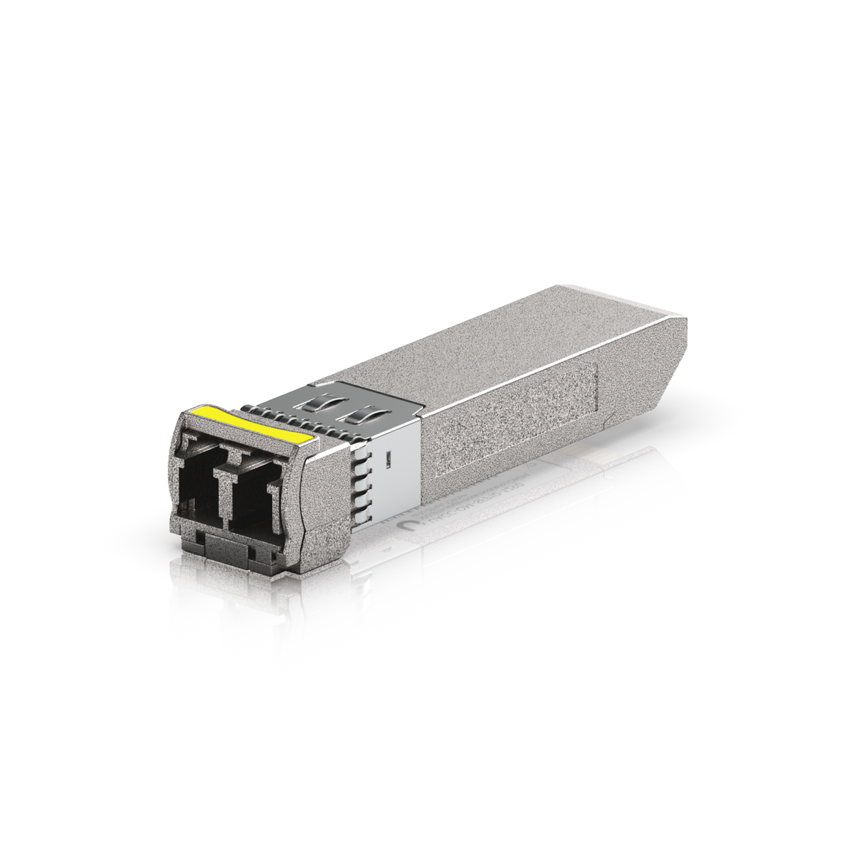Ubiquiti UACC-OM-SFP10-1290 UniFi 10G CWDM single-mode optical module angled towards the dual LC connector, showing the release latch and metal housing.