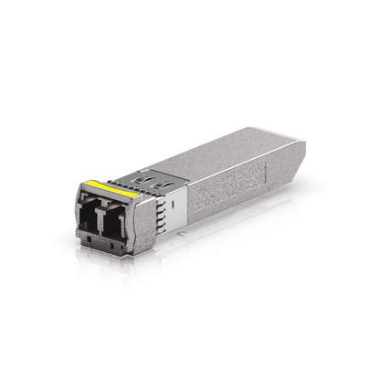 Ubiquiti UACC-OM-SFP10-1290 UniFi 10G CWDM single-mode optical module angled towards the dual LC connector, showing the release latch and metal housing.