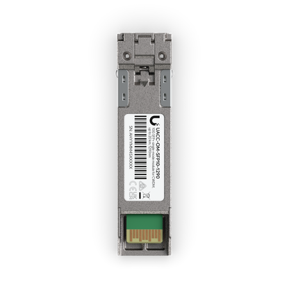 Top view of the Ubiquiti UACC-OM-SFP10-1290 UniFi 10G CWDM single-mode optical module showing the 1290nm label, latch assembly and edge connector.