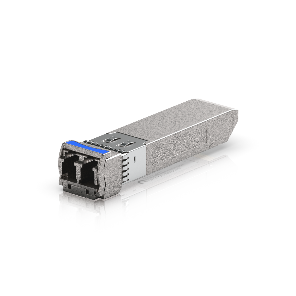 Ubiquiti UACC-OM-SFP10-1310 UniFi 10G CWDM single-mode optical module angled towards the duplex LC port, showing the release latch and metal SFP+ housing.