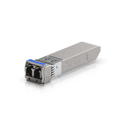 Ubiquiti UACC-OM-SFP10-1310 UniFi 10G CWDM single-mode optical module angled towards the duplex LC port, showing the release latch and metal SFP+ housing.