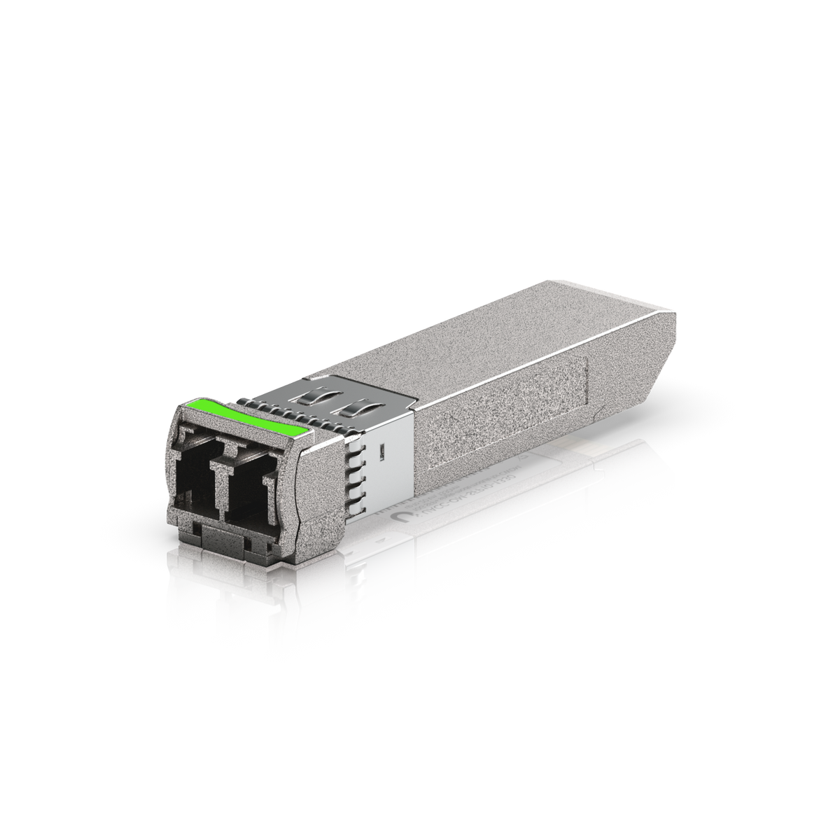 Ubiquiti UACC-OM-SFP10-1330 UniFi 10G CWDM single-mode optical module angled towards the duplex LC port, showing the release latch, green pull tab and metal SFP+ housing.