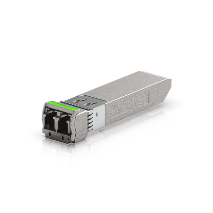 Ubiquiti UACC-OM-SFP10-1330 UniFi 10G CWDM single-mode optical module angled towards the duplex LC port, showing the release latch, green pull tab and metal SFP+ housing.