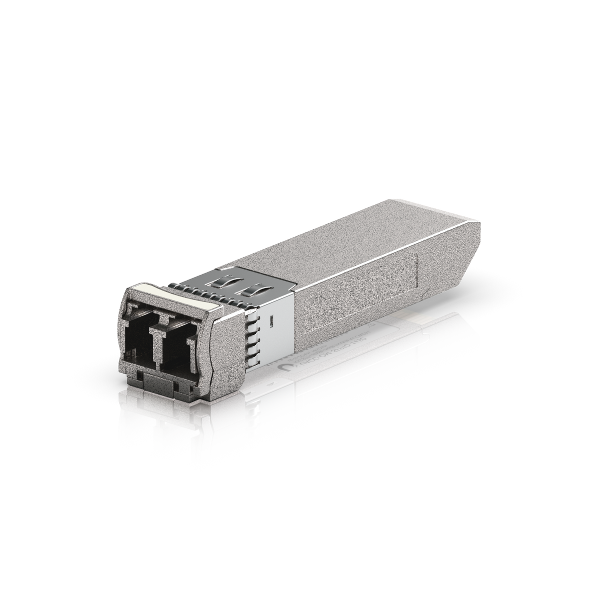 Ubiquiti UACC-OM-SFP10-1450 UniFi 10G CWDM single-mode optical module angled towards the duplex LC port, showing the release latch and metal SFP+ housing.