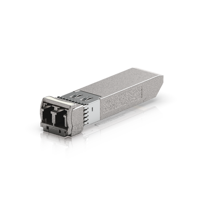 Ubiquiti UACC-OM-SFP10-1450 UniFi 10G CWDM single-mode optical module angled towards the duplex LC port, showing the release latch and metal SFP+ housing.