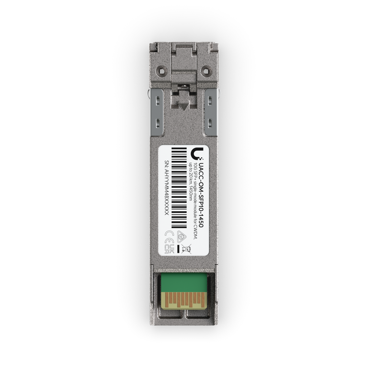 Top view of the Ubiquiti UACC-OM-SFP10-1450 UniFi 10G CWDM single-mode optical module showing the 1450nm label, release latch and SFP+ edge contacts.