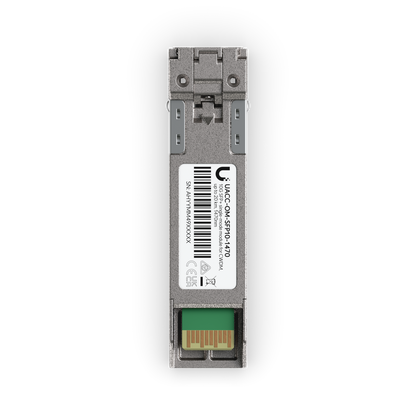 Ubiquiti UACC-OM-SFP10-1470 UniFi 10G CWDM single-mode optical module top view with 1470 nm label, release latch and SFP+ connector contacts.