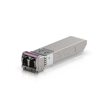 Ubiquiti UACC-OM-SFP10-1510 UniFi 10G CWDM optical module angled view showing duplex LC port and metal SFP+ housing