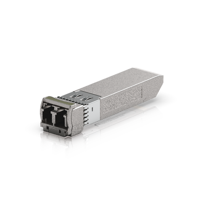 Ubiquiti UACC-OM-SFP10-1530 UniFi 10G CWDM single-mode optical module from an angled front view showing the LC fibre interface and metal housing