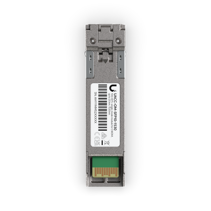 Top view of the Ubiquiti UACC-OM-SFP10-1530 UniFi 10G CWDM single-mode optical module showing the 1530nm label and electrical contacts