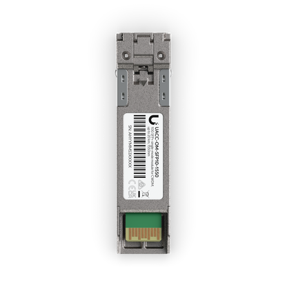 Ubiquiti UACC-OM-SFP10-1550 UniFi 10G CWDM single-mode optical module, top view showing 1550nm label and edge connector