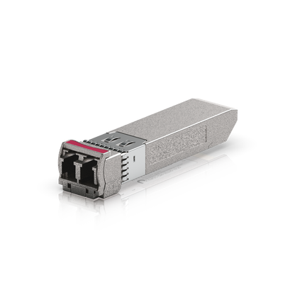 Ubiquiti UACC-OM-SFP10-1570 UniFi 10G CWDM optical transceiver, angled front view showing duplex LC port and red identifier tab