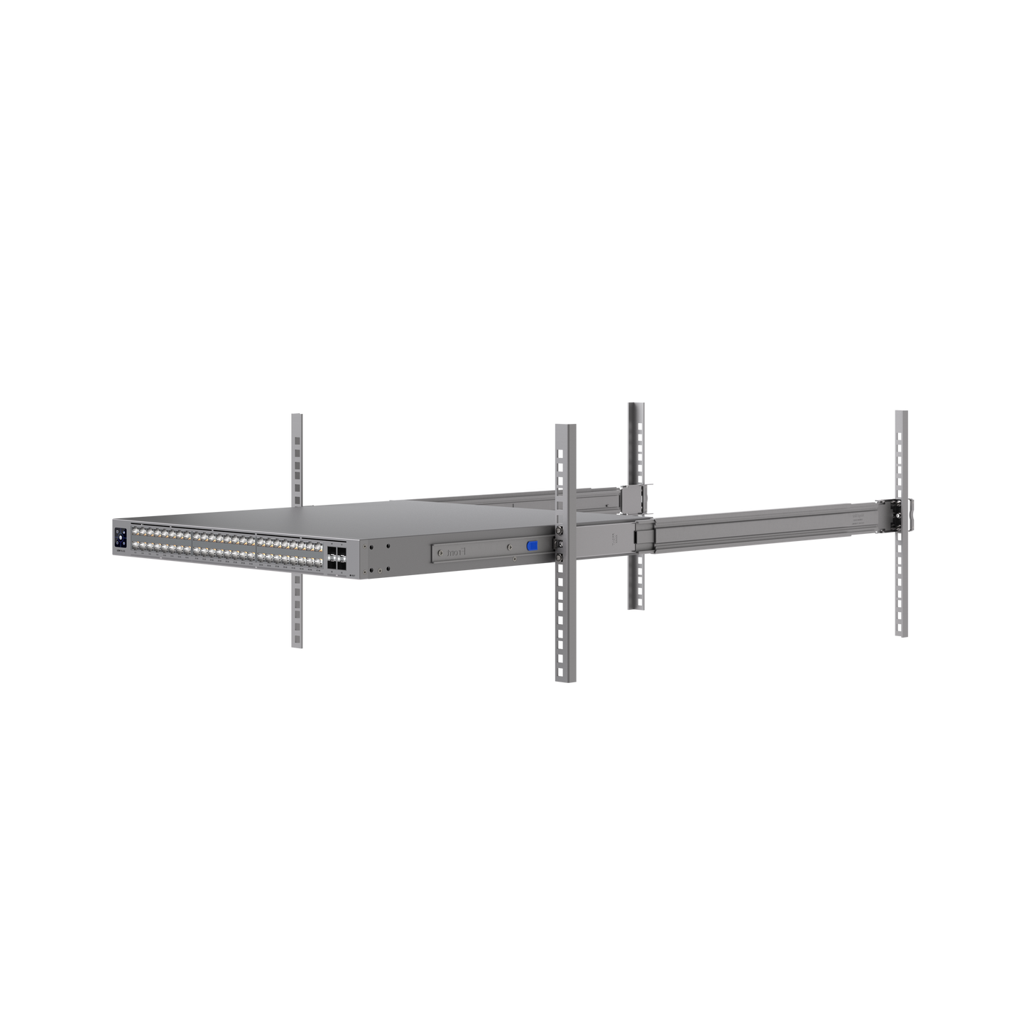 Ubiquiti UniFi Sliding Rack Rails supporting an extended rackmount network switch for convenient equipment access