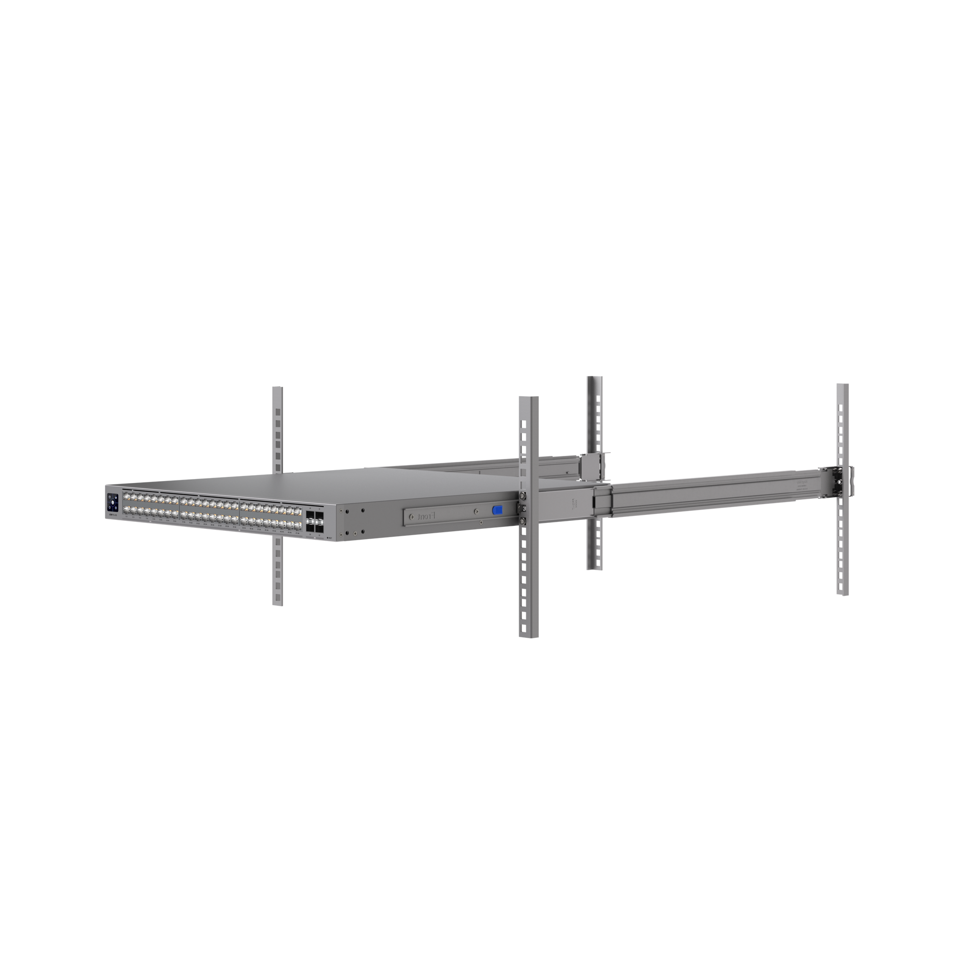 Ubiquiti UniFi Sliding Rack Rails supporting an extended rackmount network switch for convenient equipment access
