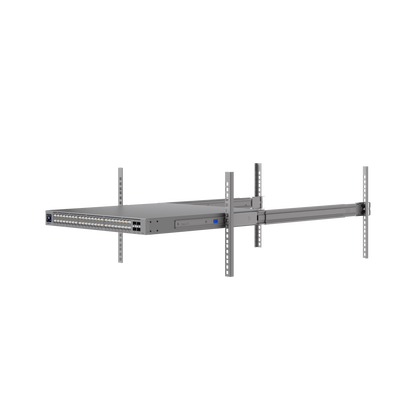 Ubiquiti UniFi Sliding Rack Rails supporting an extended rackmount network switch for convenient equipment access