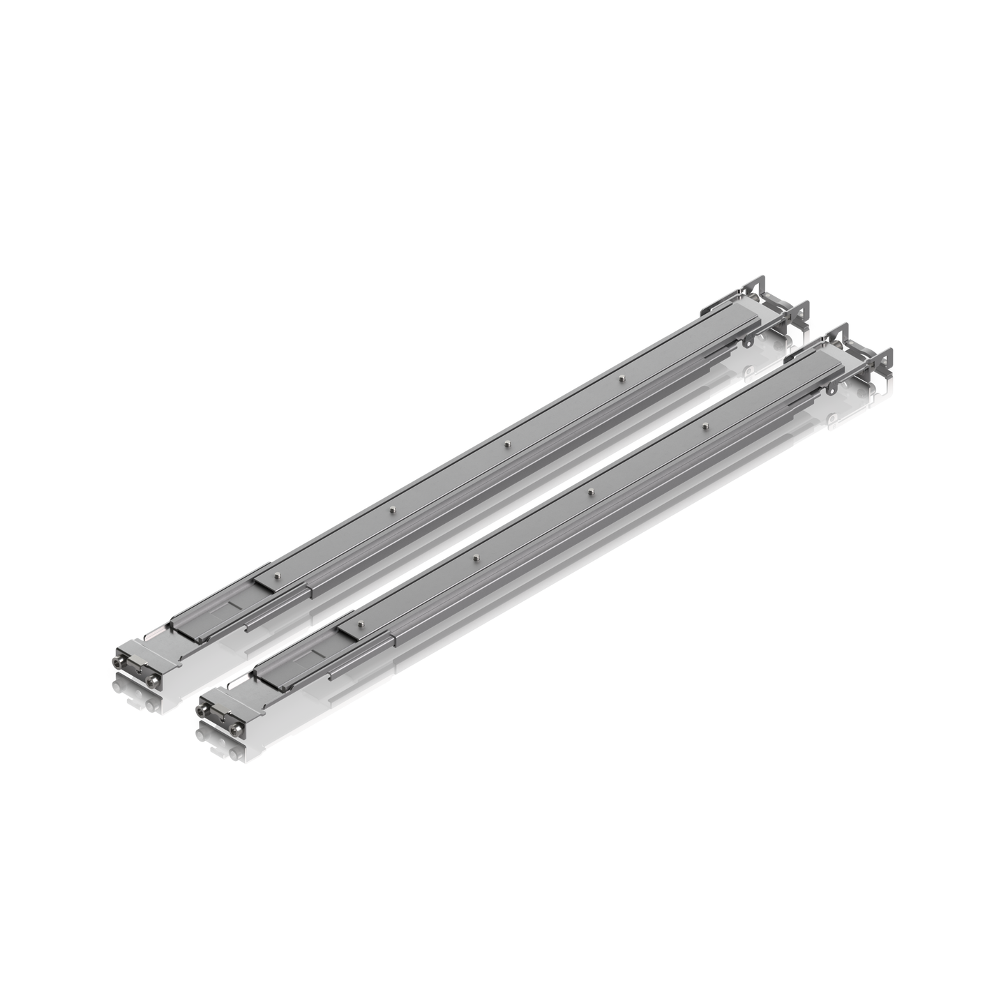 Pair of Ubiquiti UniFi Sliding Rack Rails viewed from above with telescoping channels and end brackets