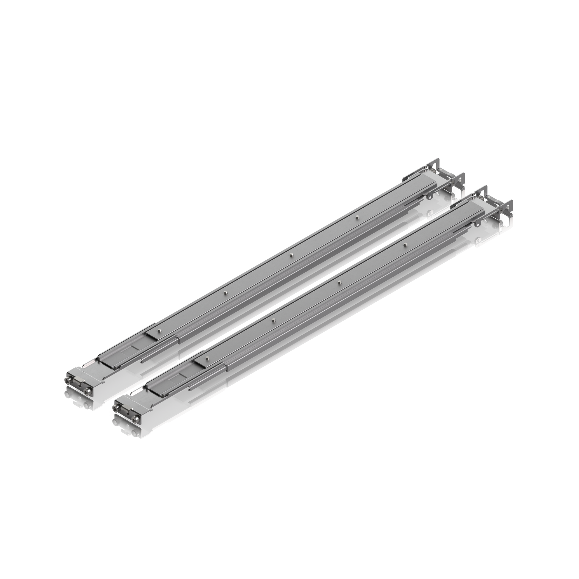 Pair of Ubiquiti UniFi Sliding Rack Rails viewed from above with telescoping channels and end brackets