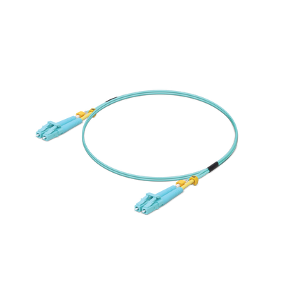 Ubiquiti UACC-OFC-MM-1M UOC UISP 10 Gbps OM3 Duplex LC Cable shown in a three-quarter view with the outer housing visible.