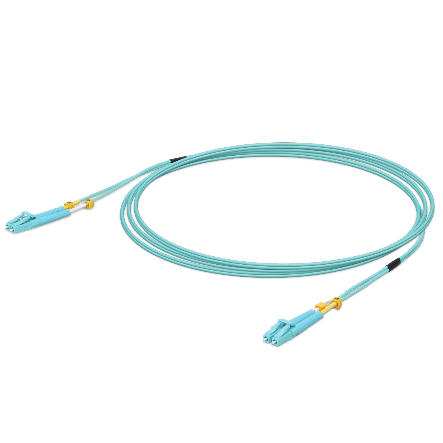 Ubiquiti UACC-OFC-MM-3M UOC UISP 10 Gbps OM3 Duplex LC Cable viewed from a three-quarter angle with the outer housing visible.