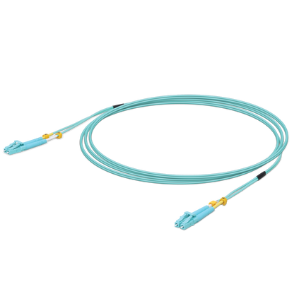Ubiquiti UACC-OFC-MM-3M UOC UISP 10 Gbps OM3 Duplex LC Cable viewed from a three-quarter angle with the outer housing visible.